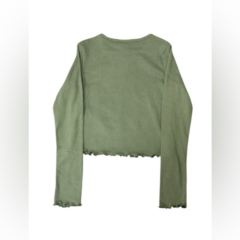 AC/DC Girls Olive Green Long Sleeve Lettuce Hem Crop Shirt Top NWT Size M (8) - Picture 2 of 3